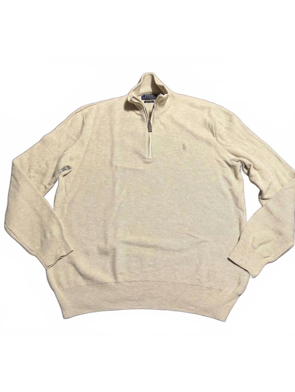 Polo Ralph Lauren Mens Pima Cotton Quarter Zip 1/4 Sweater L Beige Pony Pullover